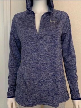 NWT M Under Armour Women's Heathered Navy Blue Hooded Long Sleeve Pullover